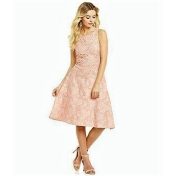 Katherine Kelly Sz 4 Fit & Flare Sleeveless Dress Peach Color Lace Fabric New - Picture 1 of 1